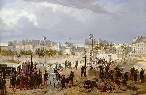 An Attack on a Barricade on the Pont de l Archeveche, 1849 (oil on canvas)