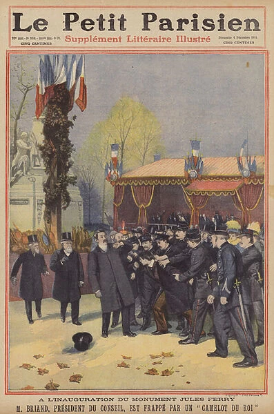 Attack on the French Prime Minister Aristide Briand at the unveiling of a monument to Jules Ferry (colour litho)
