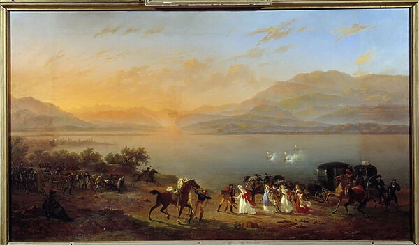 Attack of Josephine de Beauharnaiss car, Madame Bonaparte, on the shores of Lake Garda, by Austrian Boats, July 30, 1796 Painting by Hippolyte Lecomte (1781-1857) 1806 Sun. 1, 11x1, 92m