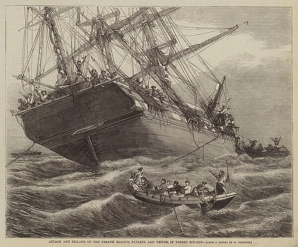 Attack and Pillage of the French Barque, Pauline and Victor, in Torres Straits (engraving)