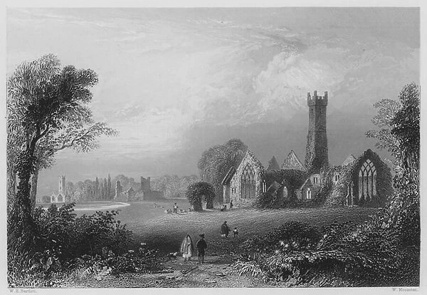 Augustinian Abbey, Adare, with the Castle of the Fitzgeralds and the Francescan Abbey (engraving)