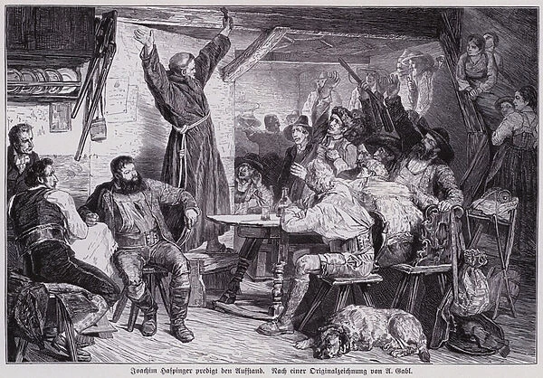 Austrian priest Joachim Haspinger preaching an uprising against the French and Bavarian occupation of Tyrol, 1809 (engraving)