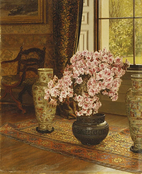 Azalea in a Japanese Bowl, with Chinese Vases on an Oriental Rug, in an Interior, 1887 (oil on Panel)
