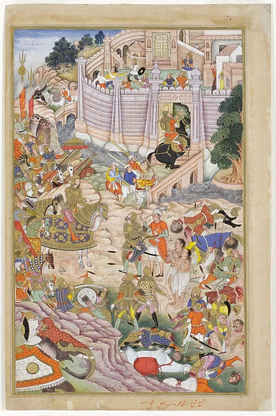 Baburs troops take the fortress at Kabul, c. 1590-1600 (opaque w  /  c & gold on paper)