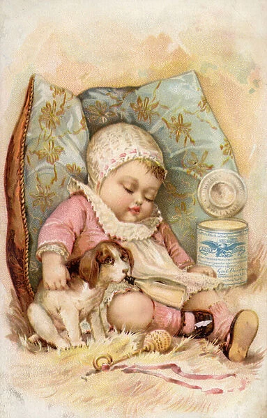 Baby with puppy drinking from bottle, advertisement for preserved milk (chromolitho)