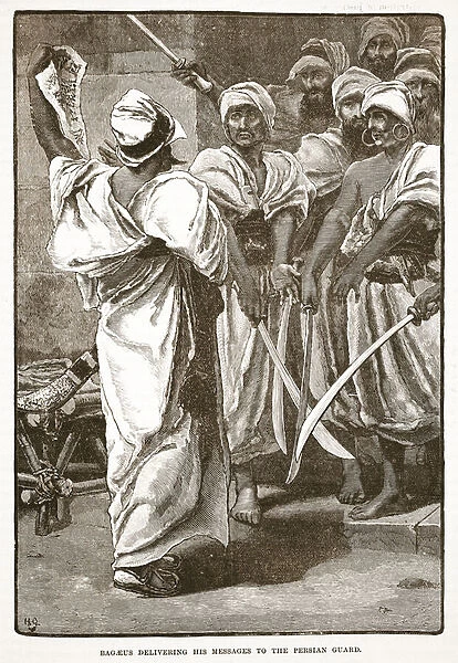 Bagaeus delivering his messages to the Persian guard (litho)