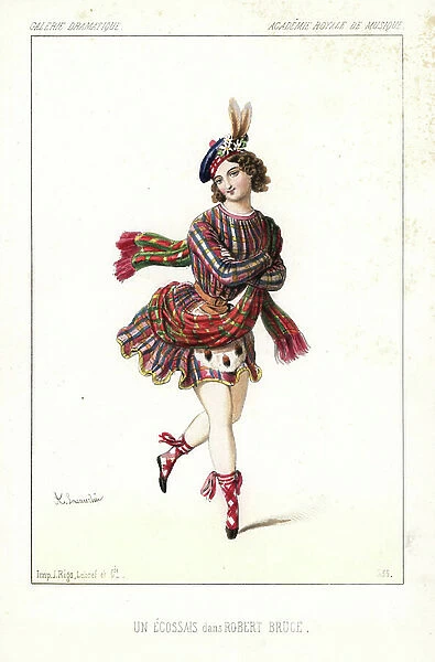 Ballet dancer in Scottish costume in the pastiche opera Robert Bruce by Gioachino Rossini, Royal Academy of Music, 1846. Handcoloured lithograph after an illustration by Alexandre Lacauchie from Victor Dollet's Galerie Dramatique