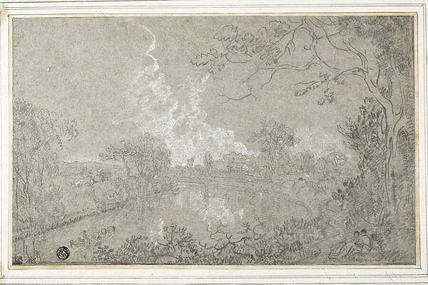 Banks of the River Dee near Eaton Hall, Cheshire, c. 1759 (black & white chalk on blue laid paper, laid down on card)