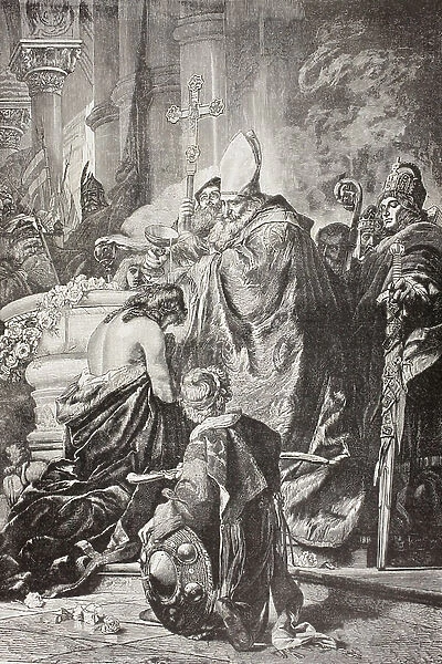 Baptism Of Saint Stephen I, Born Vajk, First King Of Hungary. After A Work By G. Benczur. From El Mundo Ilustrado, Published Barcelona, Circa 1880 ©UIG / Leemage