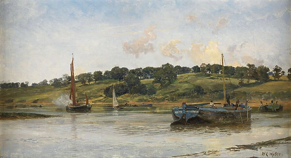 Barges on the Medway, 1977 (oil on canvas)