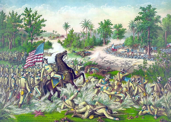 Battle of Quinga, Phillipines, 1st April, 1899, pub. Kurz & Allison, 1899 (colour litho)