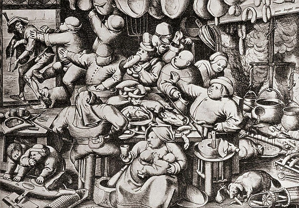 Beggar being thrown out of a rich man's kitchen, in the 16th century (engraving)