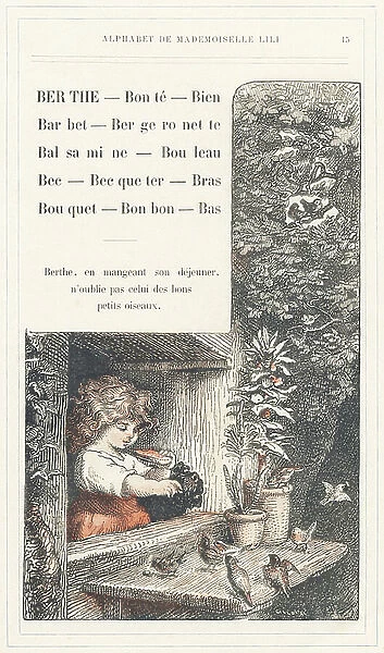 Berthe, Bonte, Well, Barbet, Bergeronnette, Balsamine, Birch, Beak, Becqueter, Arm, Bouquet, Candy, Bottom, page 15 - Alphabet by Mademoiselle Lili, by L. Froelich and by a dad (Hetzel himself). Bibliotheque & Magasin d'Education et de Recreation J