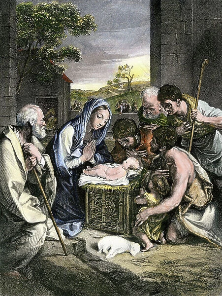 Bible scene: Shepherds with Mary, Joseph and Jesus in Bethlehem (Bethleem). Colouring engraving of the 19th century