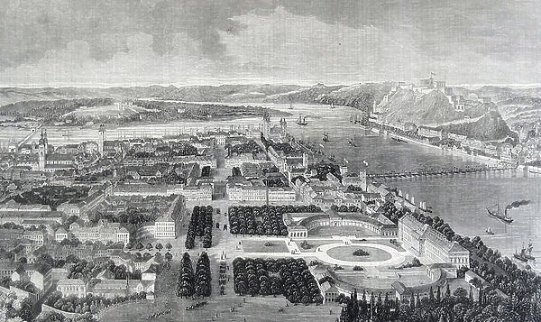 A bird's-eye-view of the city of Koblenz, 1860 (engraving)