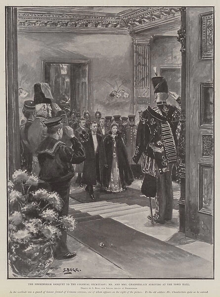 The Birmingham Banquet to the Colonel Secretary, Mr and Mrs Chamberlain arriving at the Town Hall (engraving)