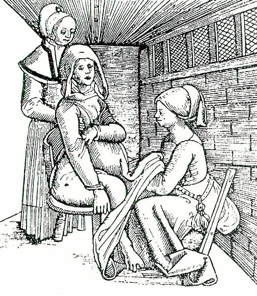 Birthing chair in use. Midwife works underneath the mother's clothing while her assistant supports the mother from behind. 16th century (woodcut from Eucharius Roslin The Garden of Roses)