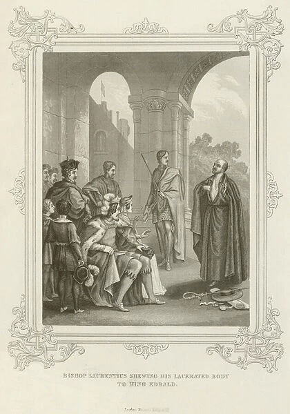 Bishop Laurentius shewing his lacerated body to King Edbald (engraving)