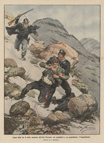 A bitter struggle between the mountain cliffs of the Upper Piedmont between the carabinieri and a criminal, the pursuit (colour litho)