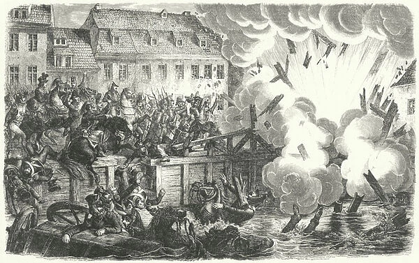 Blowing up of the Elster Bridge, Battle of Leipzig, 1813 (engraving)