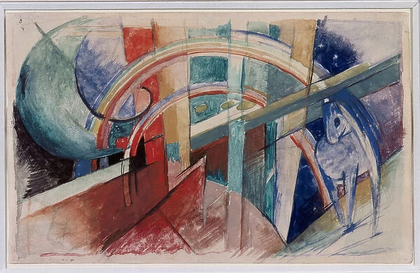 Blue horse and rainbow (drawing in pencil and watercolor, 1913)