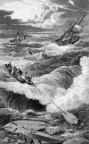 A boat using Woodbridge Davis's Kite for shore ship rescue, 1850