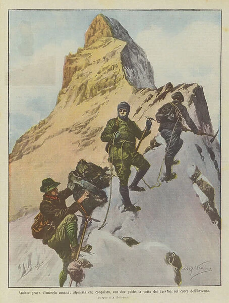 Bold test of human energy, mountaineer who conquers, with two guides, the summit of the Matterhorn, in the heart of winter (colour litho)