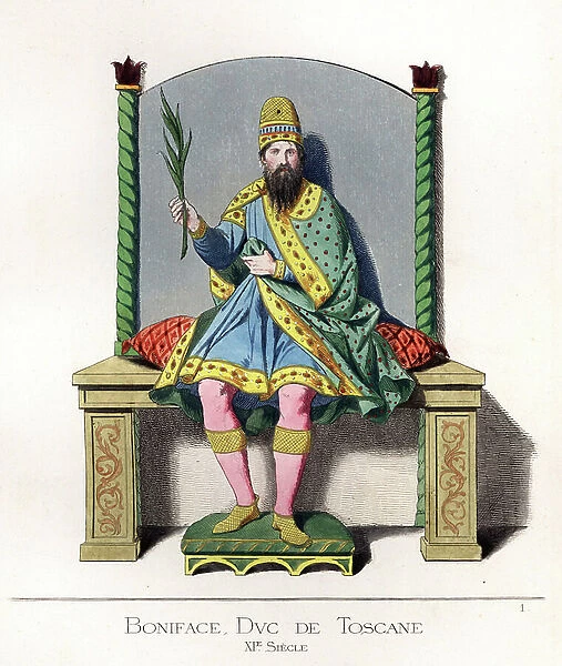 Boniface, Duke of Tuscany - Boniface III, Margrave of Tuscany (c 985-1052) - He wears a gold hat decorated with precious stones, green chlamys bordered in gold, blue tunic