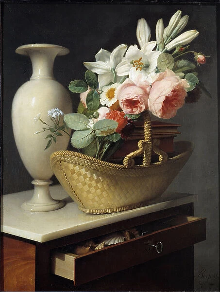 Bouquet of lilies and roses in a basket placed on a rag Painting by Antoine Berjon