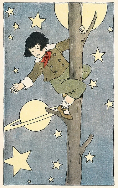 Boy Climbing a Tree Among the Stars and Planets, 1918 (colour litho)