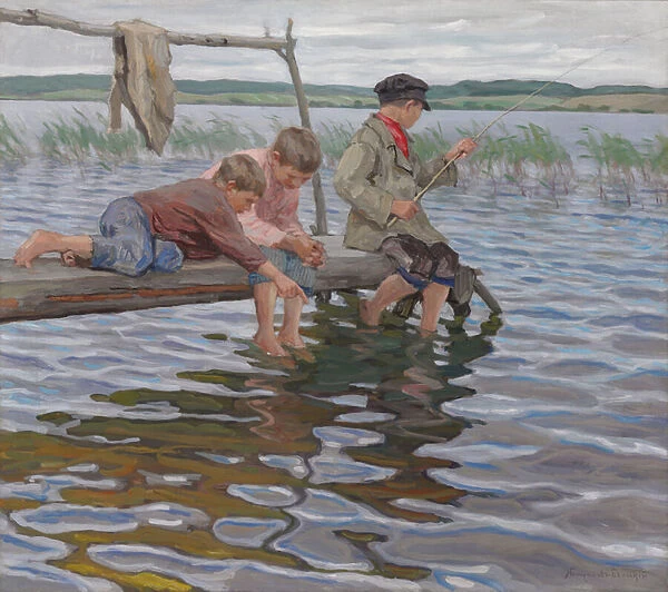 Boys Fishing off a Pier, (oil on canvas) Our beautiful pictures