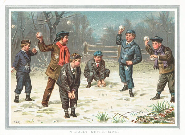 Boys having a snowball fight, Christmas Card (chromolitho)