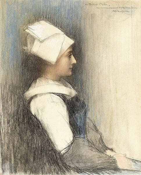 A Breton Girl, (black and coloured chalks on paper)