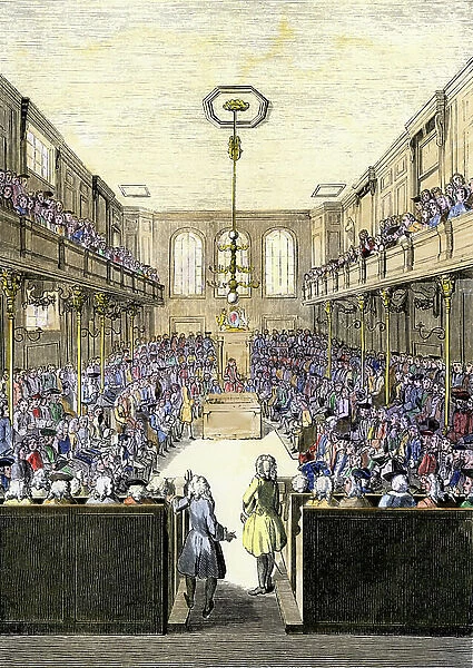 The British House of Commons reunited during the regne of George II, early 18th century. Colour engraving of the 19th century