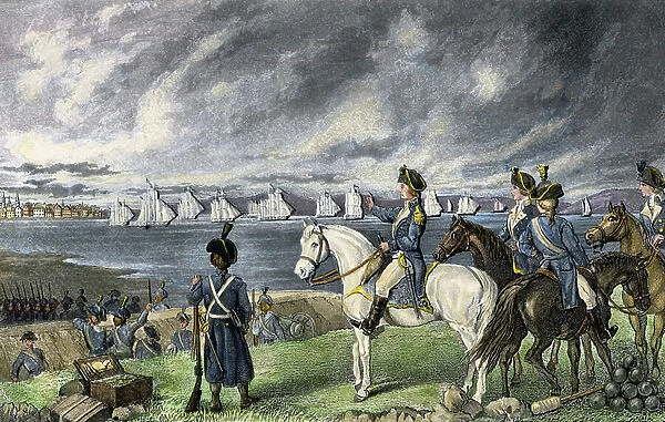 British ships evacuating Boston (Massachusetts, USA), 1776. General George Washington (1732-1799), Chief of Staff of the Continental Troops observed their department from the shore. (War of Independence of the United States, 1776-1783)