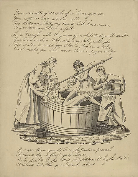 British Valentine card with an image of a man being bathed (litho)