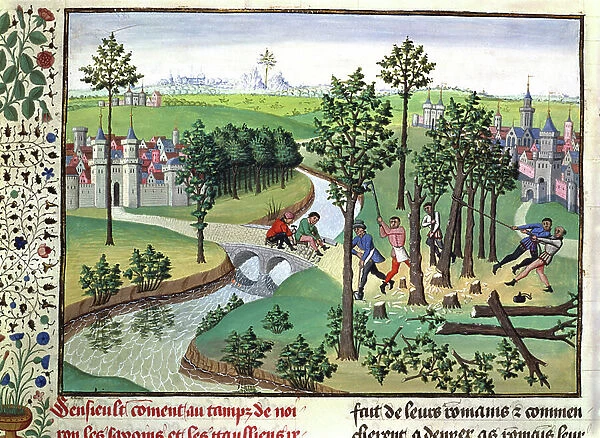 Building a road: Woodmen break down trees with axes while paviors lay the surface of an already cleared road. 15th century (chromolithograph from the Chronicles of Hainaut, Royal Library of Albert I, Brussels)