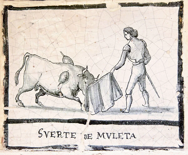 Bullfight scene on an antique tile - The Muleta Stage (ceramic)