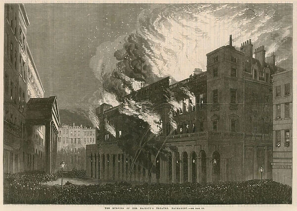 The burning of Her Majestys Theatre, Haymarket, London (engraving)
