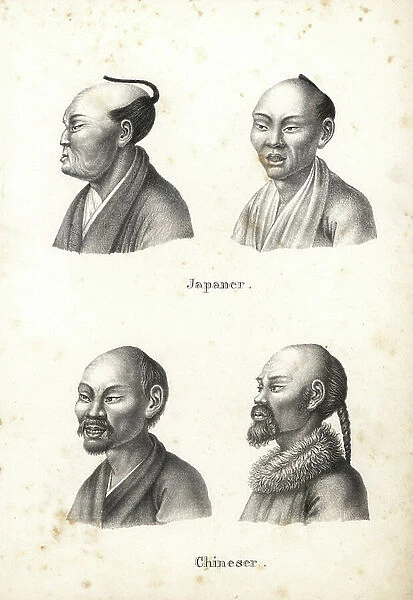 Busts of Japanese men with chonmage topknot hairstyle, and Chinese men with beards, one with pigtail. Lithograph by Karl Joseph Brodtmann from Heinrich Rudolf Schinz's Illustrated Natural History of Men and Animals, 1836