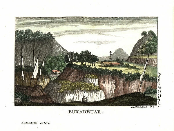 Buxa Duar, Bhutan (Buxa Douar, Bouthan). Illustration by Lieutenant Samuel Davis From Captain Samuel Turner (1759-1802) Account of an Embassy to the Court of the Teshoo Lama in Tibet 1800
