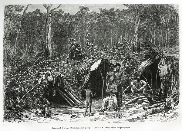 Camp and group of Aboriginal Australians, engraved after a drawing by A. Sirouy, to illustrate the story six months in Australia, by Desire Charnay, mission assignment by the Ministry of Public Education, in 1878, published in the tour du monde