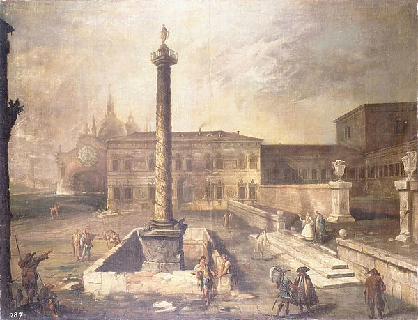 A Capriccio of a Piazza in front of a Palace with the Column of Marcus Aurelius