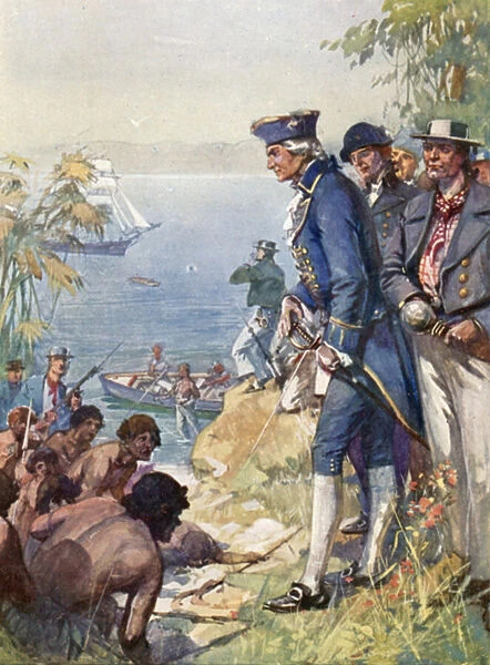 Captain Cook ashore at Tahiti, 1769 (colour litho)