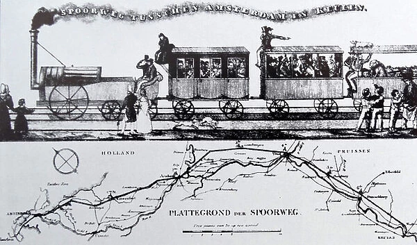 Card showing the train route from Amsterdam to Cologne, 1839