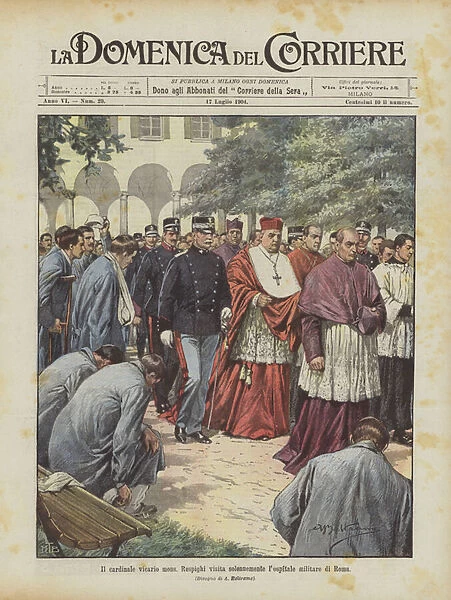 The cardinal vicar Msgr. Respighi solemnly visits the military hospitable in Rome (colour litho)