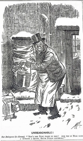 Cartoon commenting on the widespread practice to water-down milk and charge the customer full price, 19th century