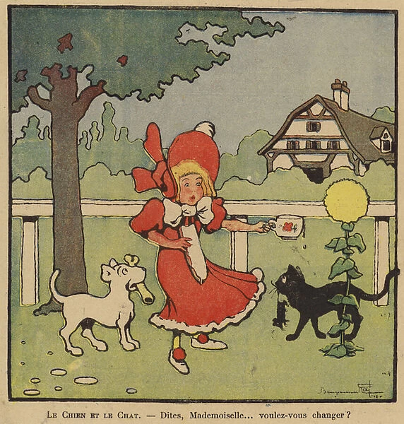 Cartoon of a girl caught between her dog with a bone and her cat with a mouse (colour litho)