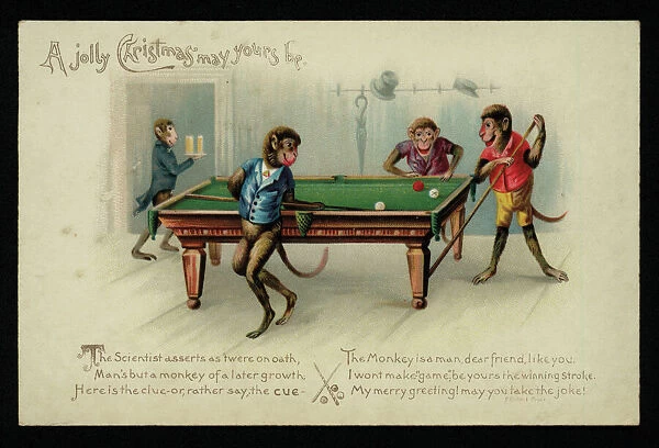 Cartoon of monkeys playing billiards, Christmas greetings card. (chromolitho)