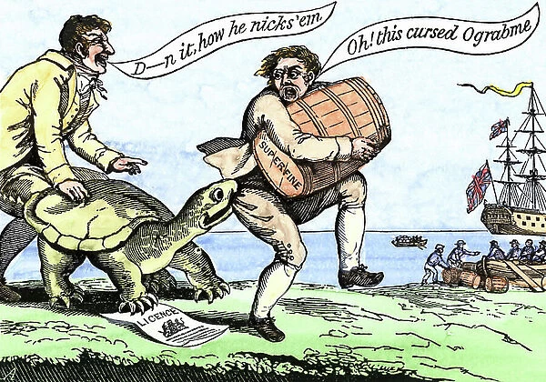 Cartoon protesting against the Embargo Act of President Thomas Jefferson in 1807, United States, which tries to maintain the neutrality of the United States in the Napoleonic Wars: he refuses to choose between Britain and France